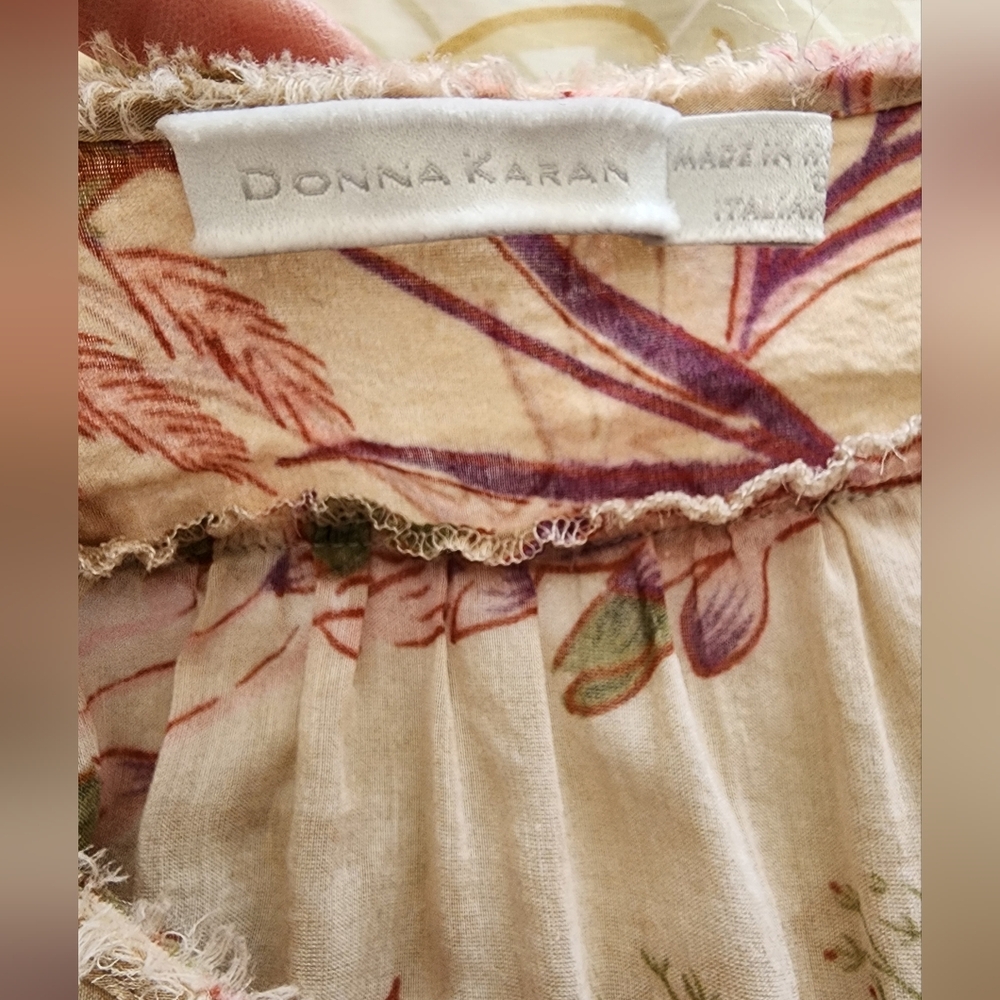 DONNA KARAN Tan Red Cotton Silk Floral Print Long Sleeve Tunic Blouse SZ Small - Picture 6 of 8